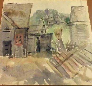A rectangular sheet of paper painted in watercolor in shades of gray, black, green, and brown, depicting a village courtyard with a figure. In the lower right corner, the signature in blue pencil and the date. On the back, in pencil, the artist's name, the date, the title, and the technique are written in Russian, and the artist's name is also written in Latin characters at the bottom.