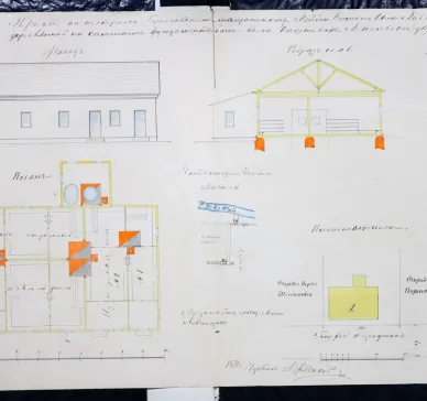 Document from an archival folder: НИАБ. (National Historical Archives of Belarus) 3209. Оп. 1. Д. 654. Л. 3d. The full title of the folder "Дела по прошению борисовского мещанина Лейбы Симонова Лившица о постройке деревянной бани в м. Чашниках Лепельского уезда”. The document includes an elevation drawing and a cross-section of the building, its floor plan, and a site plan of the surrounding area.