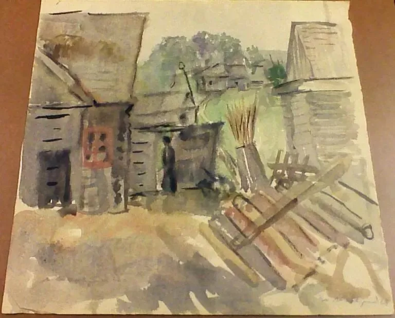 A rectangular sheet of paper painted in watercolor in shades of gray, black, green, and brown, depicting a village courtyard with a figure. In the lower right corner, the signature in blue pencil and the date. On the back, in pencil, the artist's name, the date, the title, and the technique are written in Russian, and the artist's name is also written in Latin characters at the bottom.