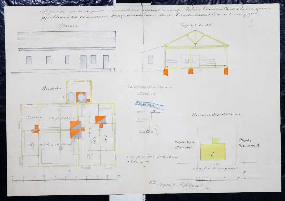 Document from an archival folder: НИАБ. (National Historical Archives of Belarus) 3209. Оп. 1. Д. 654. Л. 3d. The full title of the folder "Дела по прошению борисовского мещанина Лейбы Симонова Лившица о постройке деревянной бани в м. Чашниках Лепельского уезда”. The document includes an elevation drawing and a cross-section of the building, its floor plan, and a site plan of the surrounding area.