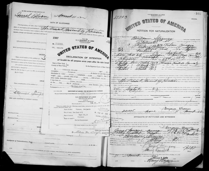 Excerpt of the list of passengers of the ship SS Finland from Antwerp, mentioning Harvey Sohnen’s grandfather Beniamin Strashunski (Benjamin Strauss) (1913). Excerpt of the list of passengers of the ship SS Carmania, mentioning Harvey Sohnen’s grandmother Henja Straschunska and her children Fiszel, Faiwel, Sara and Ettel , as well as her younger brother Efroim Owseizik (1921). (Note: Sara’s name was written as Lora by a clerical error. Also, Efroim was  identified as a friend although he was Henja’s brother