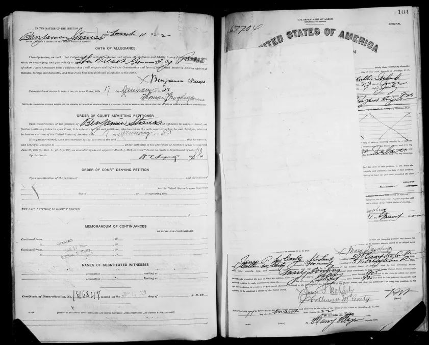 Excerpt of the list of passengers of the ship SS Finland from Antwerp, mentioning Harvey Sohnen’s grandfather Beniamin Strashunski (Benjamin Strauss) (1913). Excerpt of the list of passengers of the ship SS Carmania, mentioning Harvey Sohnen’s grandmother Henja Straschunska and her children Fiszel, Faiwel, Sara and Ettel , as well as her younger brother Efroim Owseizik (1921). (Note: Sara’s name was written as Lora by a clerical error. Also, Efroim was  identified as a friend although he was Henja’s brother