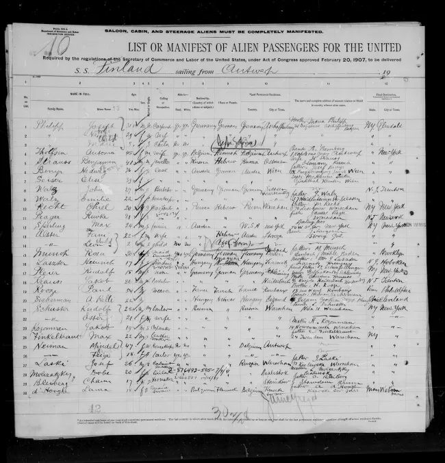 Excerpt of the list of passengers of the ship SS Finland from Antwerp, mentioning Harvey Sohnen’s grandfather Beniamin Strashunski (Benjamin Strauss) (1913). Excerpt of the list of passengers of the ship SS Carmania, mentioning Harvey Sohnen’s grandmother Henja Straschunska and her children Fiszel, Faiwel, Sara and Ettel , as well as her younger brother Efroim Owseizik (1921). (Note: Sara’s name was written as Lora by a clerical error. Also, Efroim was  identified as a friend although he was Henja’s brother
