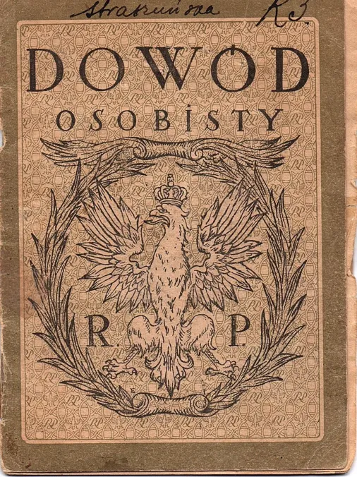 Passport issued by the Rzeczpospolita Polska to Harvey Sohnen’s grandmather, Henia Straszunska (born 1884) for her to travel with her daughters Sora (9 years old) and Etel (6 years old) to America. It had 22 pages but only the front and back cover and pages that have printing and/or writing on both sides are scanned. It includes a photograph of Henia and Etel. Henia signed in Yiddish (Hene Shtrashunske). The stamps in Henia’s passport shows that during her journey from Oshmyany to New York, she stopped in W