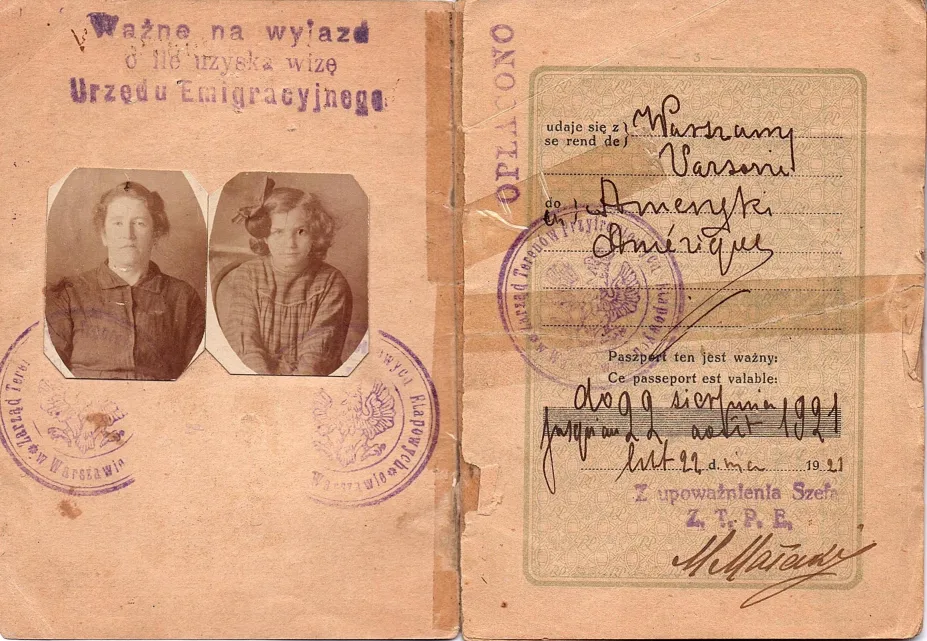 Passport issued by the Rzeczpospolita Polska to Harvey Sohnen’s grandmather, Henia Straszunska (born 1884) for her to travel with her daughters Sora (9 years old) and Etel (6 years old) to America. It had 22 pages but only the front and back cover and pages that have printing and/or writing on both sides are scanned. It includes a photograph of Henia and Etel. Henia signed in Yiddish (Hene Shtrashunske). The stamps in Henia’s passport shows that during her journey from Oshmyany to New York, she stopped in W