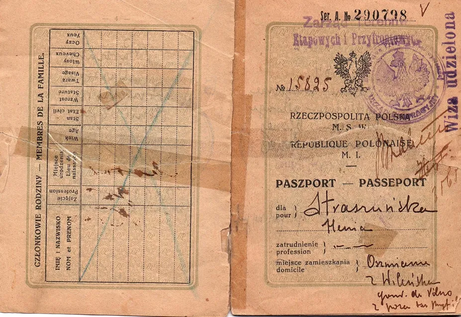 Passport issued by the Rzeczpospolita Polska to Harvey Sohnen’s grandmather, Henia Straszunska (born 1884) for her to travel with her daughters Sora (9 years old) and Etel (6 years old) to America. It had 22 pages but only the front and back cover and pages that have printing and/or writing on both sides are scanned. It includes a photograph of Henia and Etel. Henia signed in Yiddish (Hene Shtrashunske). The stamps in Henia’s passport shows that during her journey from Oshmyany to New York, she stopped in W