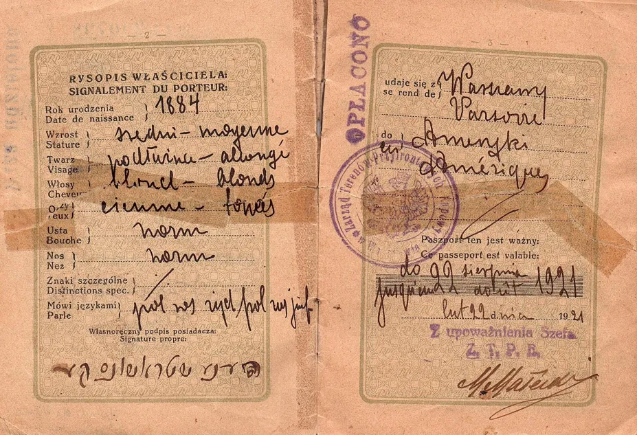 Passport issued by the Rzeczpospolita Polska to Harvey Sohnen’s grandmather, Henia Straszunska (born 1884) for her to travel with her daughters Sora (9 years old) and Etel (6 years old) to America. It had 22 pages but only the front and back cover and pages that have printing and/or writing on both sides are scanned. It includes a photograph of Henia and Etel. Henia signed in Yiddish (Hene Shtrashunske). The stamps in Henia’s passport shows that during her journey from Oshmyany to New York, she stopped in W