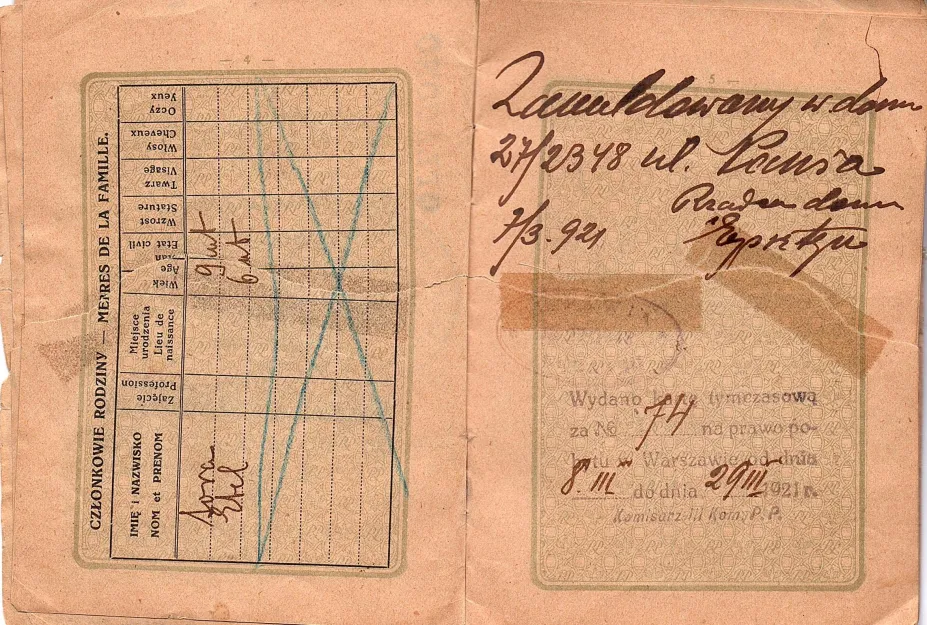 Passport issued by the Rzeczpospolita Polska to Harvey Sohnen’s grandmather, Henia Straszunska (born 1884) for her to travel with her daughters Sora (9 years old) and Etel (6 years old) to America. It had 22 pages but only the front and back cover and pages that have printing and/or writing on both sides are scanned. It includes a photograph of Henia and Etel. Henia signed in Yiddish (Hene Shtrashunske). The stamps in Henia’s passport shows that during her journey from Oshmyany to New York, she stopped in W
