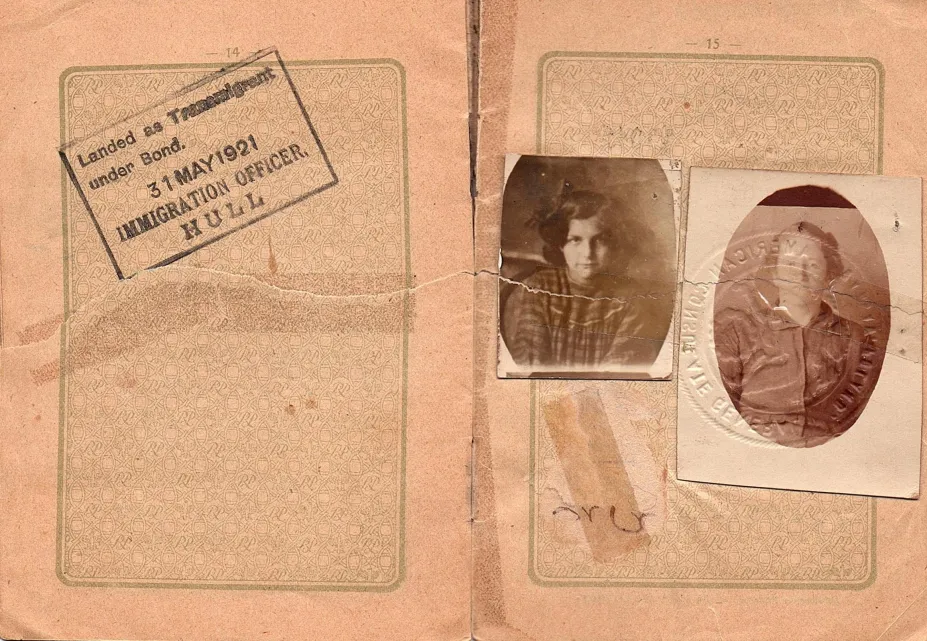 Passport issued by the Rzeczpospolita Polska to Harvey Sohnen’s grandmather, Henia Straszunska (born 1884) for her to travel with her daughters Sora (9 years old) and Etel (6 years old) to America. It had 22 pages but only the front and back cover and pages that have printing and/or writing on both sides are scanned. It includes a photograph of Henia and Etel. Henia signed in Yiddish (Hene Shtrashunske). The stamps in Henia’s passport shows that during her journey from Oshmyany to New York, she stopped in W