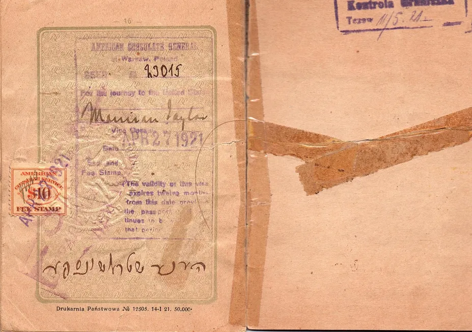 Passport issued by the Rzeczpospolita Polska to Harvey Sohnen’s grandmather, Henia Straszunska (born 1884) for her to travel with her daughters Sora (9 years old) and Etel (6 years old) to America. It had 22 pages but only the front and back cover and pages that have printing and/or writing on both sides are scanned. It includes a photograph of Henia and Etel. Henia signed in Yiddish (Hene Shtrashunske). The stamps in Henia’s passport shows that during her journey from Oshmyany to New York, she stopped in W