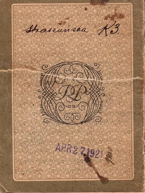 Passport issued by the Rzeczpospolita Polska to Harvey Sohnen’s grandmather, Henia Straszunska (born 1884) for her to travel with her daughters Sora (9 years old) and Etel (6 years old) to America. It had 22 pages but only the front and back cover and pages that have printing and/or writing on both sides are scanned. It includes a photograph of Henia and Etel. Henia signed in Yiddish (Hene Shtrashunske). The stamps in Henia’s passport shows that during her journey from Oshmyany to New York, she stopped in W